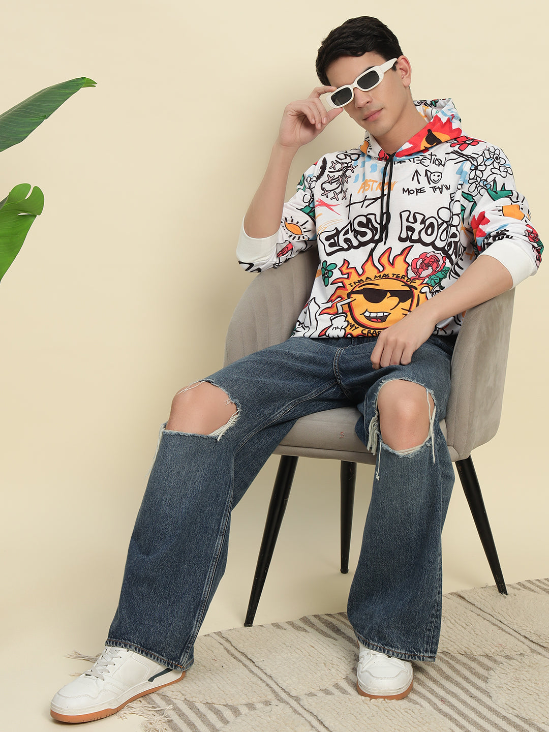 TANDUL Stylish Printed White Men's Hoodie