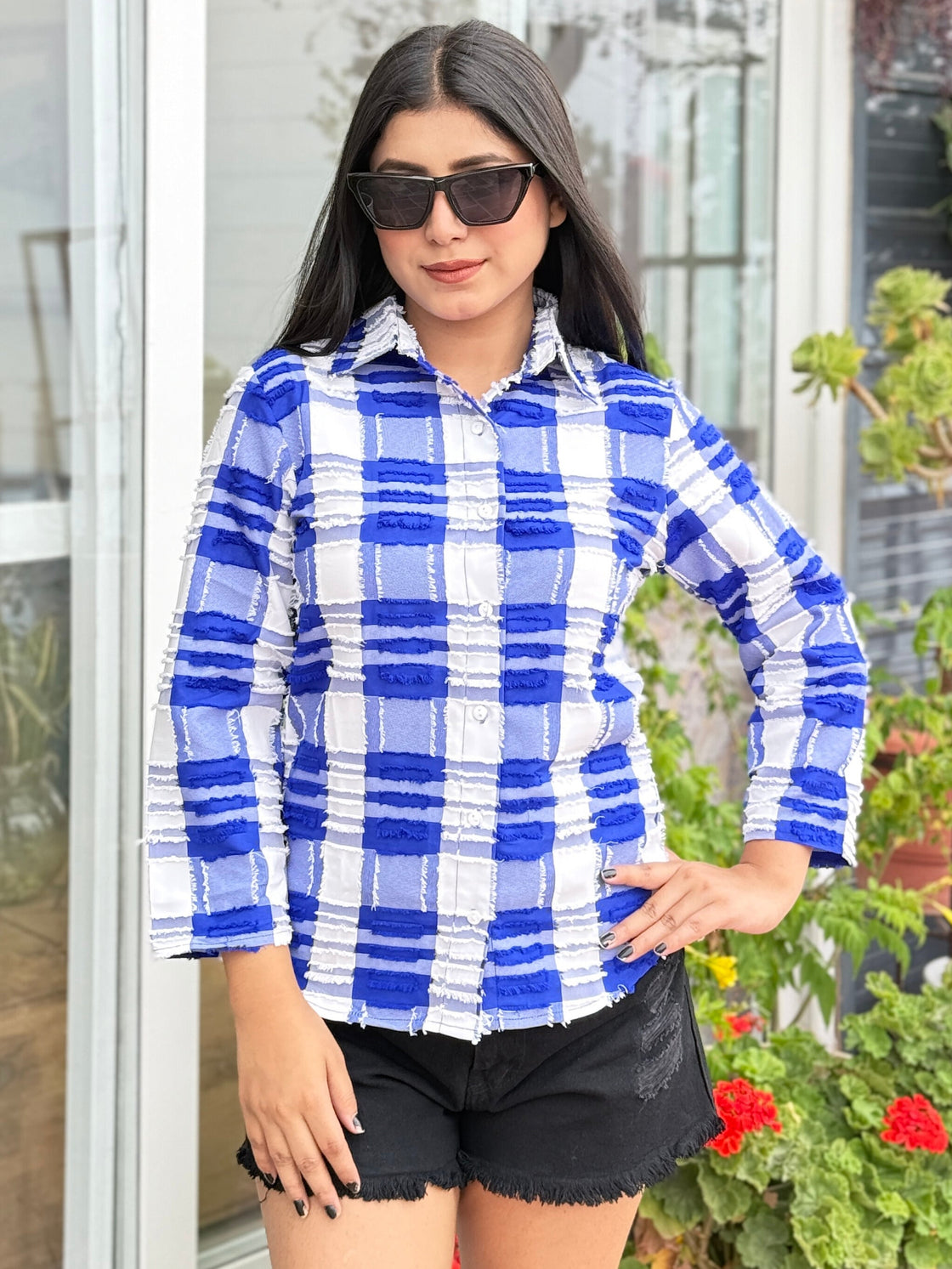 TANDUL Women Blue and white Plaid Shirt