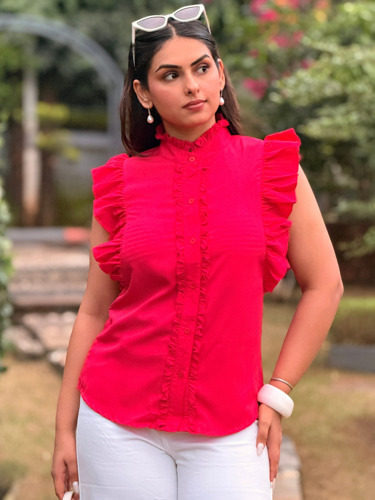 TANDUL Women Fuchsia Romantic Ruffle-Sleeve Shirt