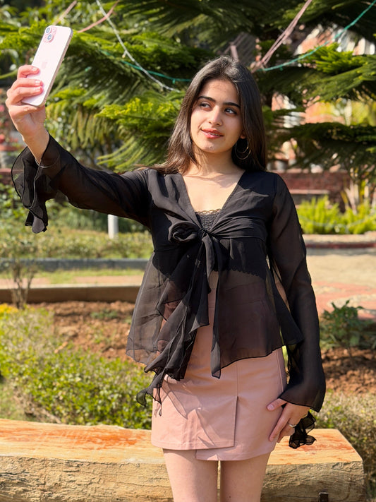 TANDUL Elegant Black Ruffled Top
