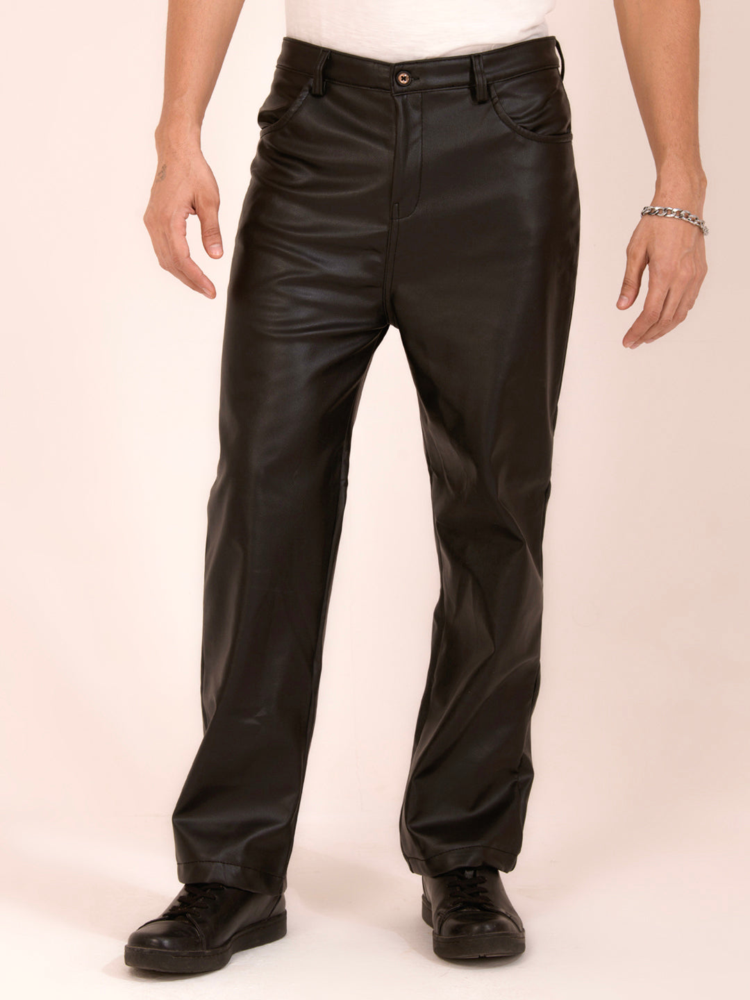 TANDUL  Men Regular Fit Brown Faux Leather Trousers