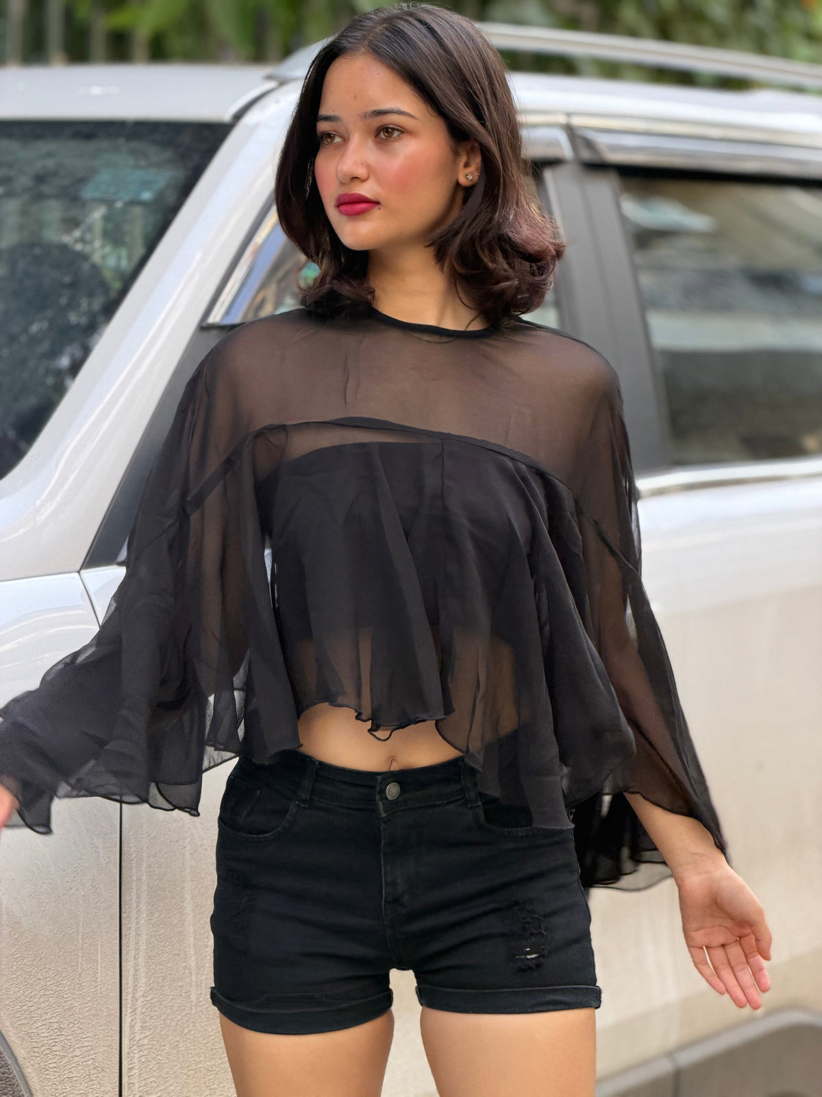 TANDUL Women's Black Sheer Cape Top