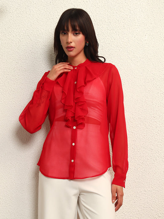 TANDUL Elegant Red Ruffled Detailed Shirt