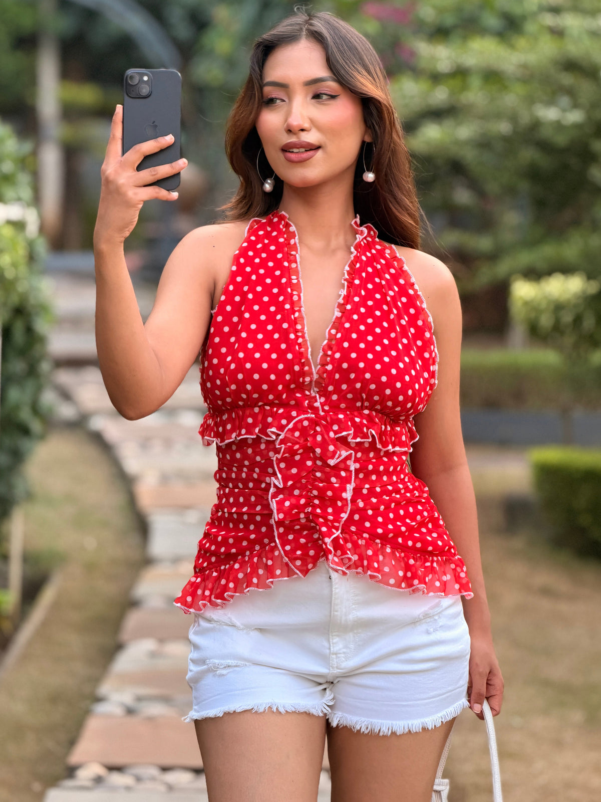 TANDUL Women Vintage-Inspired Red Polka Dot Halter Top