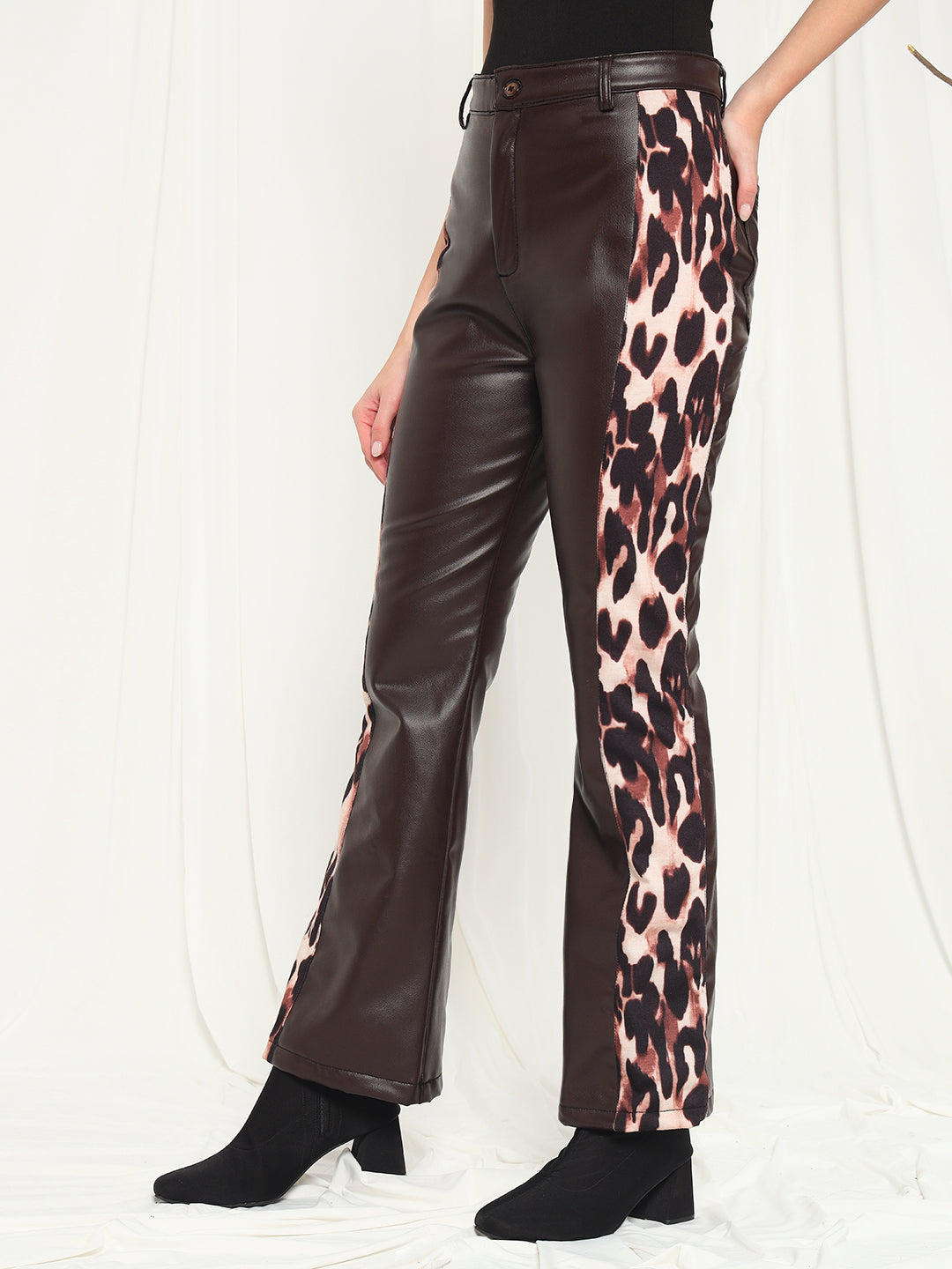 TANDUL  Women Regular Fit Brown Faux Leather Trousers