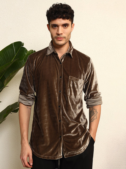 TANDUL Mens's Alluring Grey Velvet Shirt