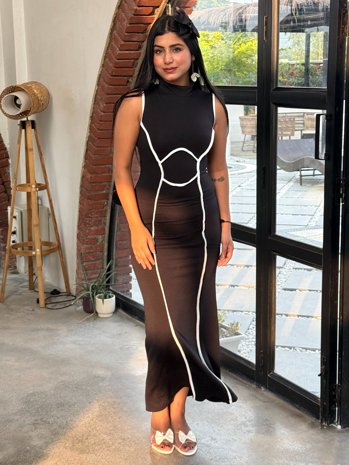 TANDUL Women Stunning Black Dress with White Detailing