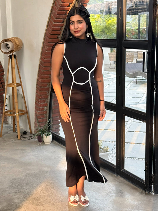 TANDUL Women Stunning Black Dress with White Detailing