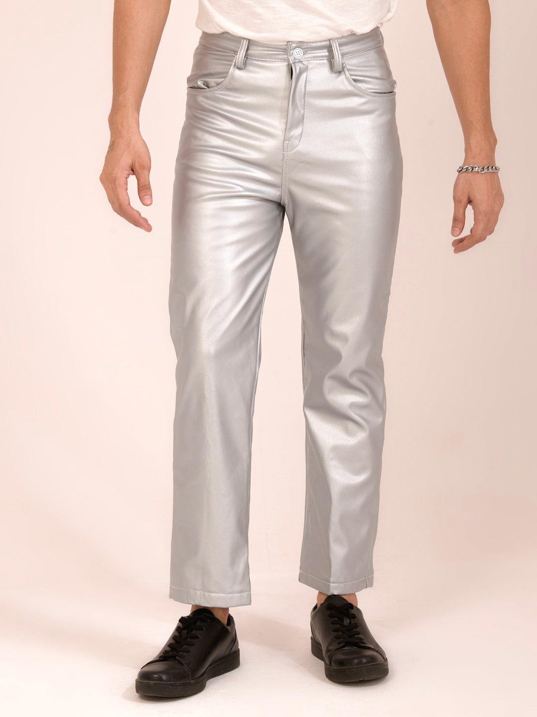 TANDUL  Men Regular Fit Silver Faux Leather Trousers