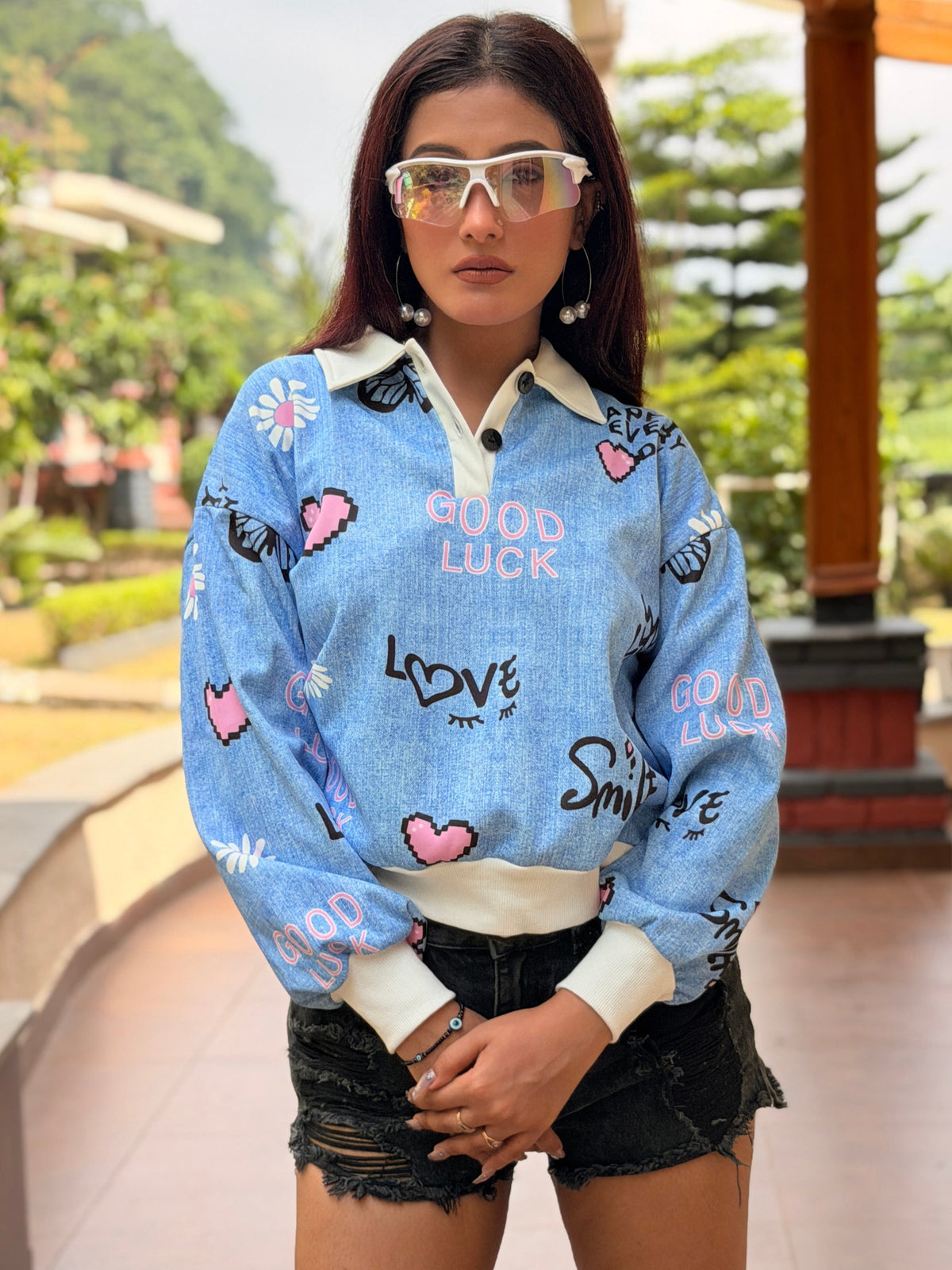 TANDUL Women Light Blue Denim-Print Polo Sweatshirt