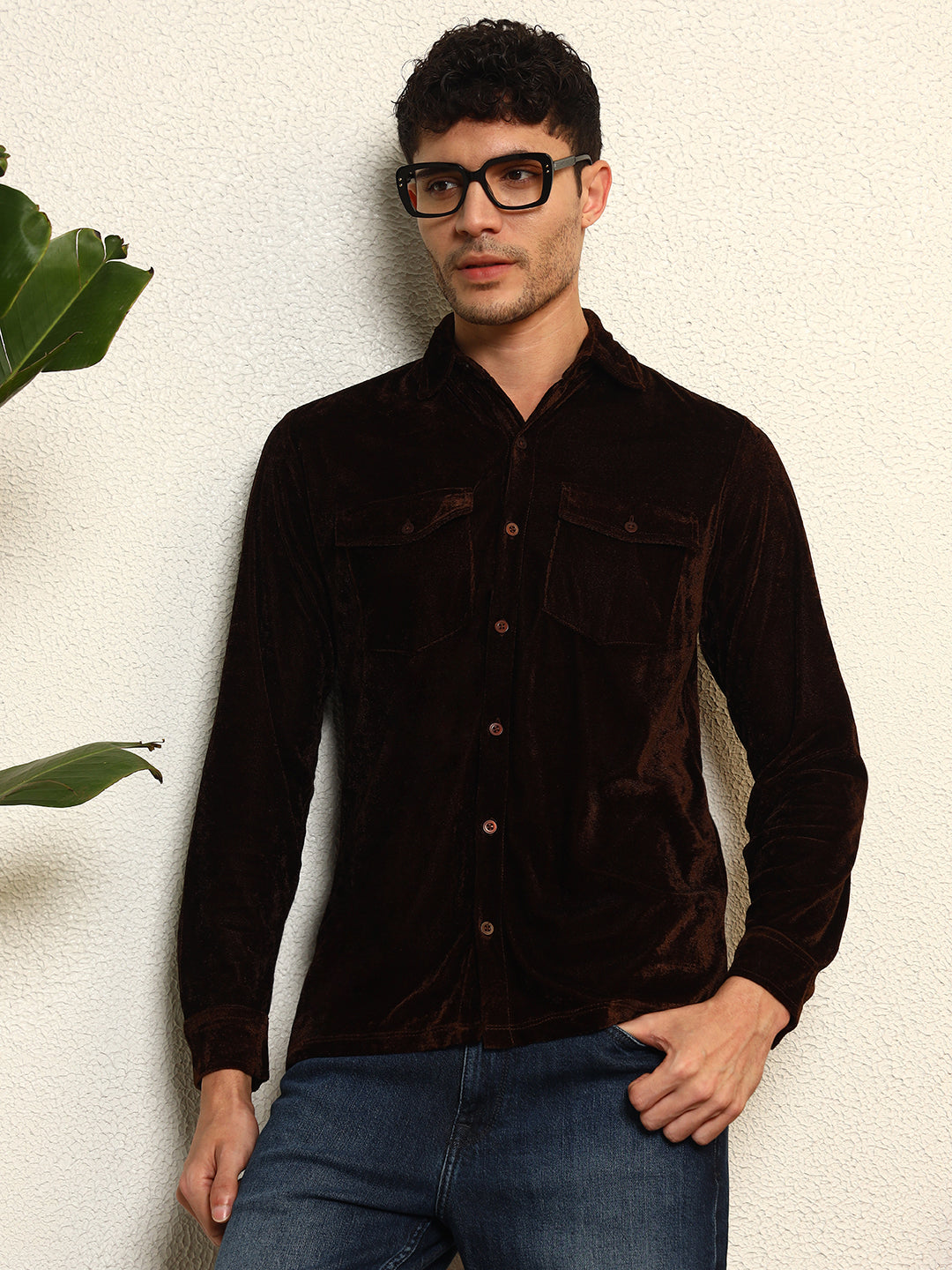 TANDUL Men's Brown Velvet Shirt