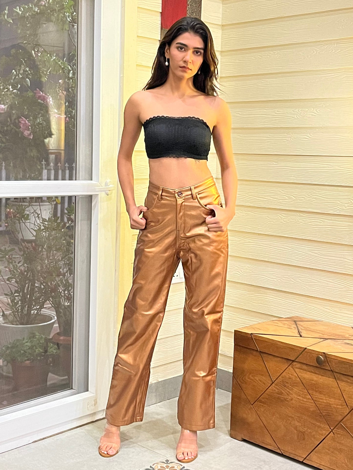 TANDUL  Women Regular Fit Gold Faux Leather Trousers