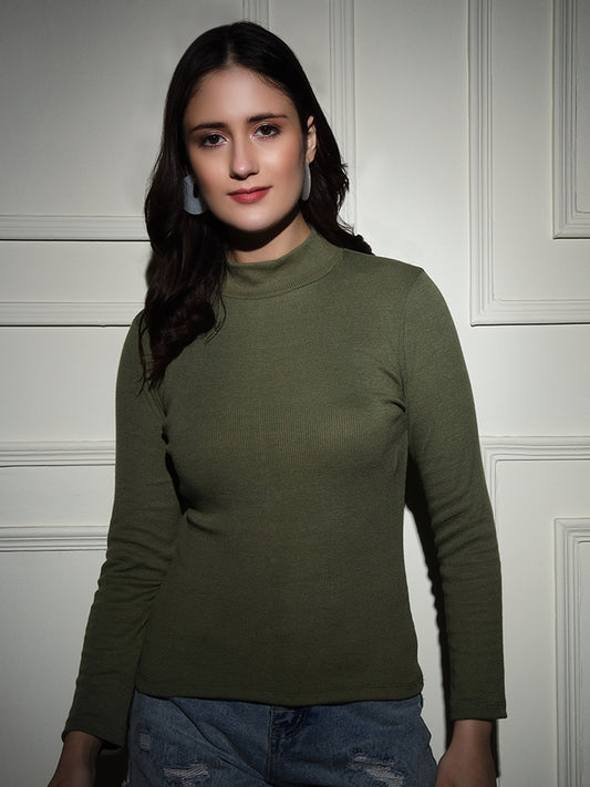 TANDUL  Women Solid High Neck Green Sweater