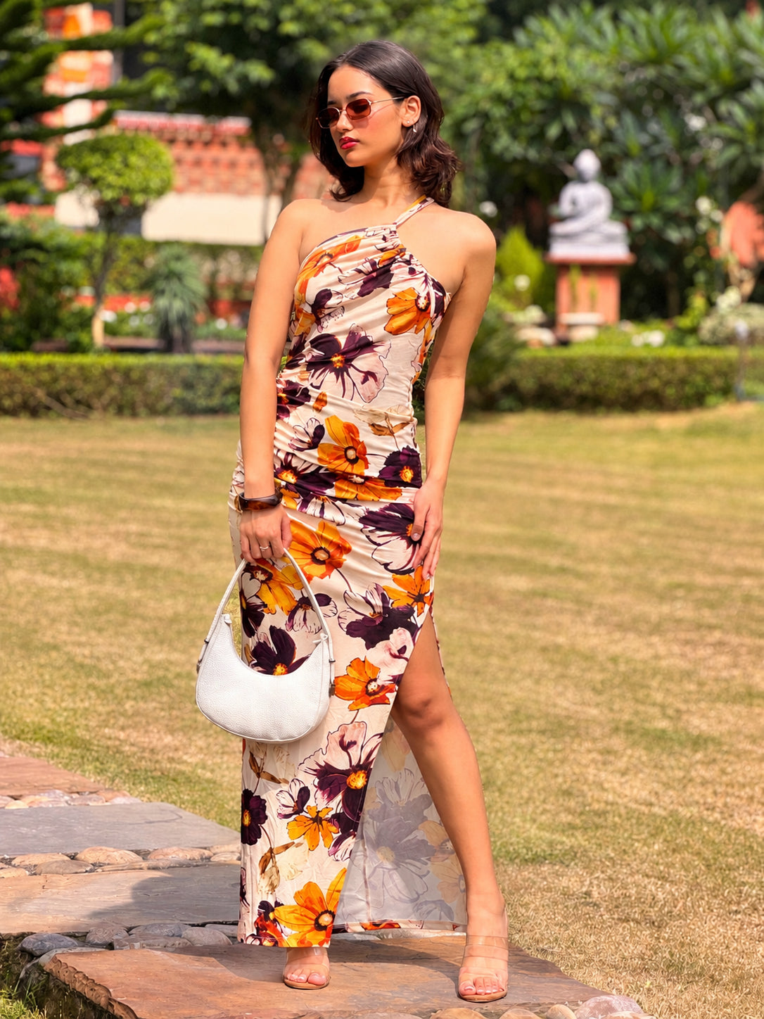 TANDUL Women Retro Floral Asymmetric One-Shoulder Maxi Dress