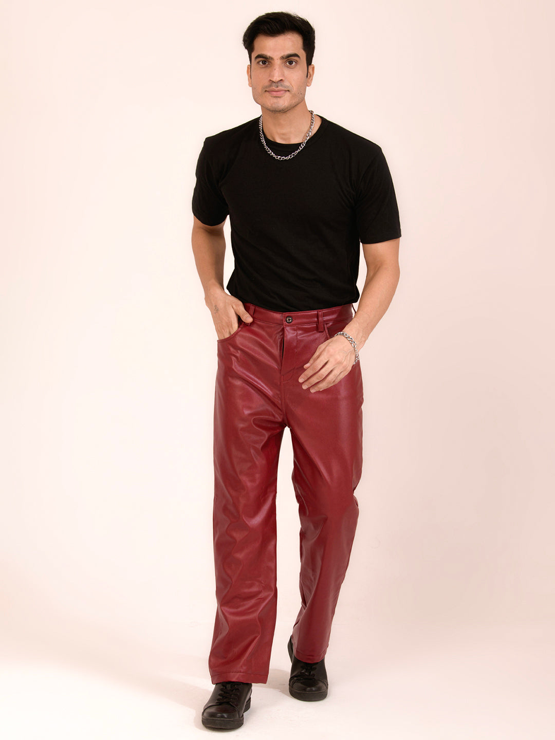 TANDUL  Men Regular Fit Maroon Faux Leather Trousers