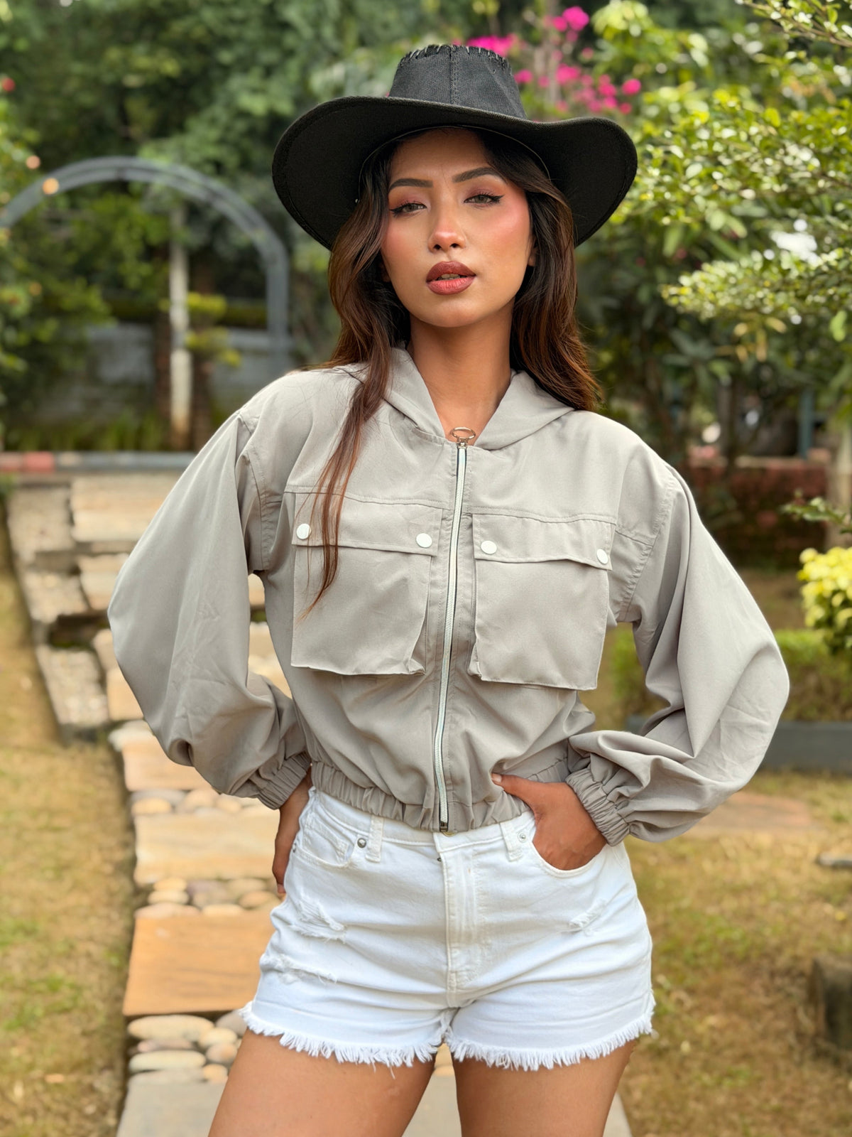 TANDUL Women Grey Cropped Windbreaker Jacket with Hood