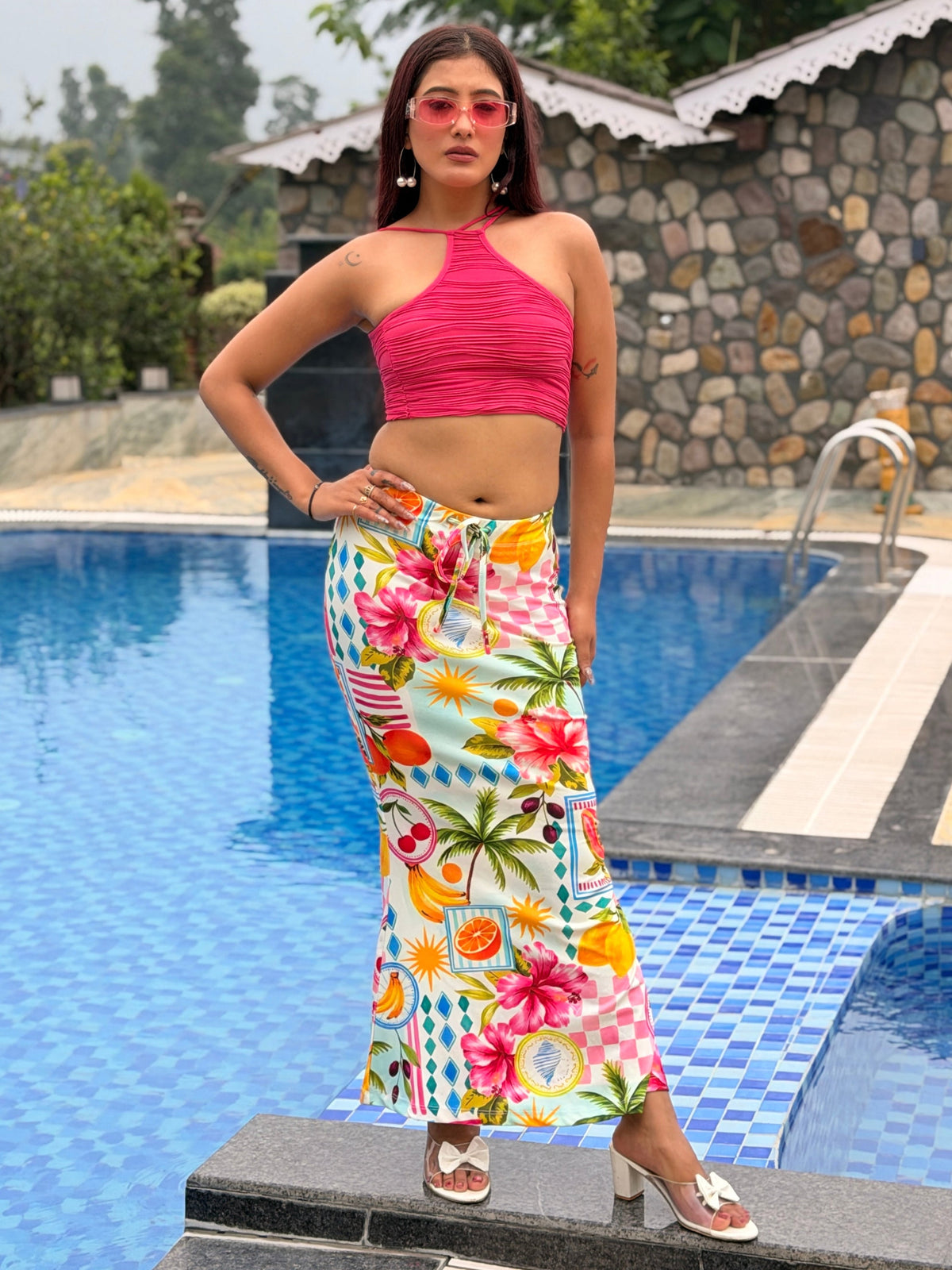 TANDUL Women Tropical Medallion Print Tie-Waist Maxi Skirt