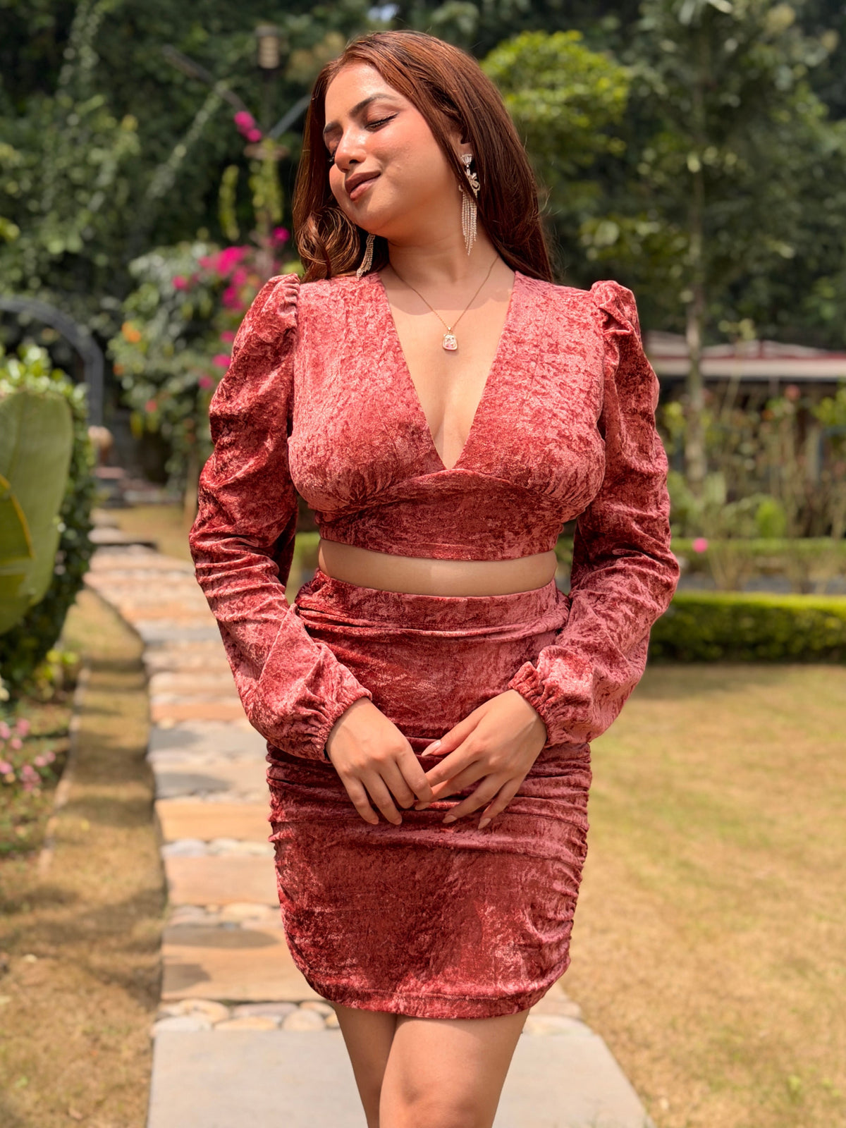 TANDUL Women Velvet Ruched Co-ord Set