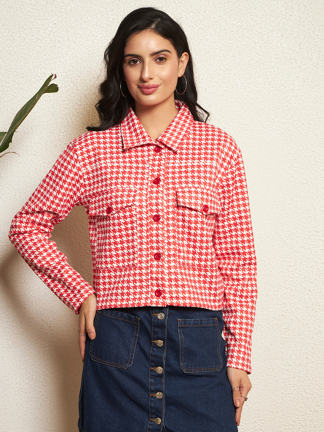 TANDUL Women Classic Red and White Checkered Jacket