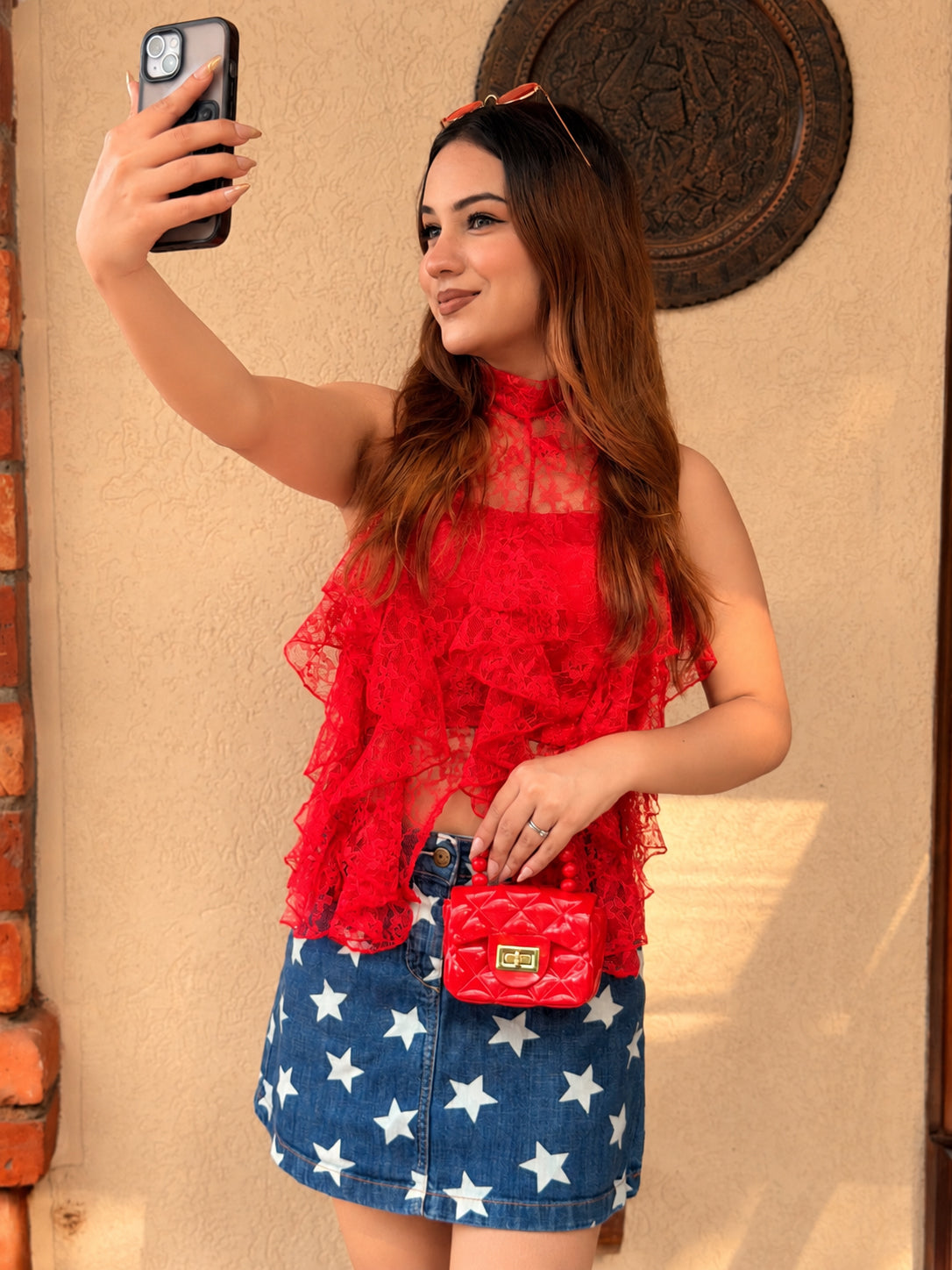 TANDUL Women Red Sheer Floral Lace Tiered Ruffle Halter Top