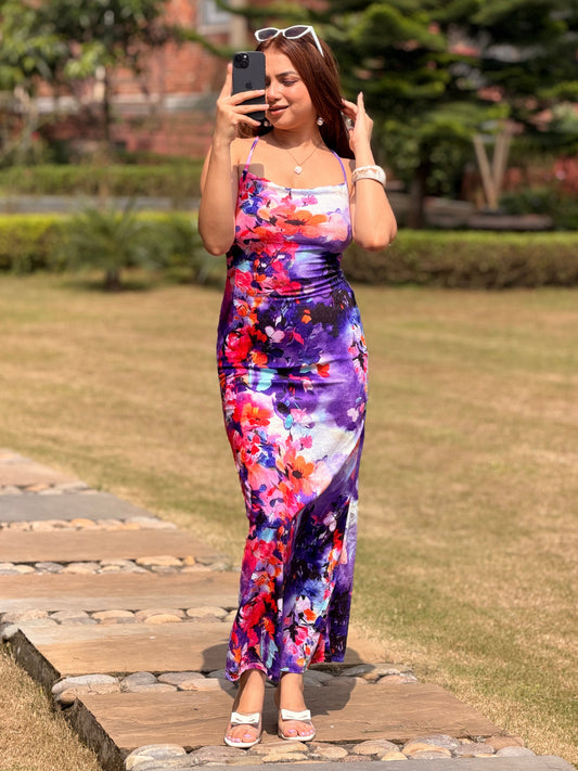 TANDUL Women Stunning Floral Backless Velvet Printed Dress