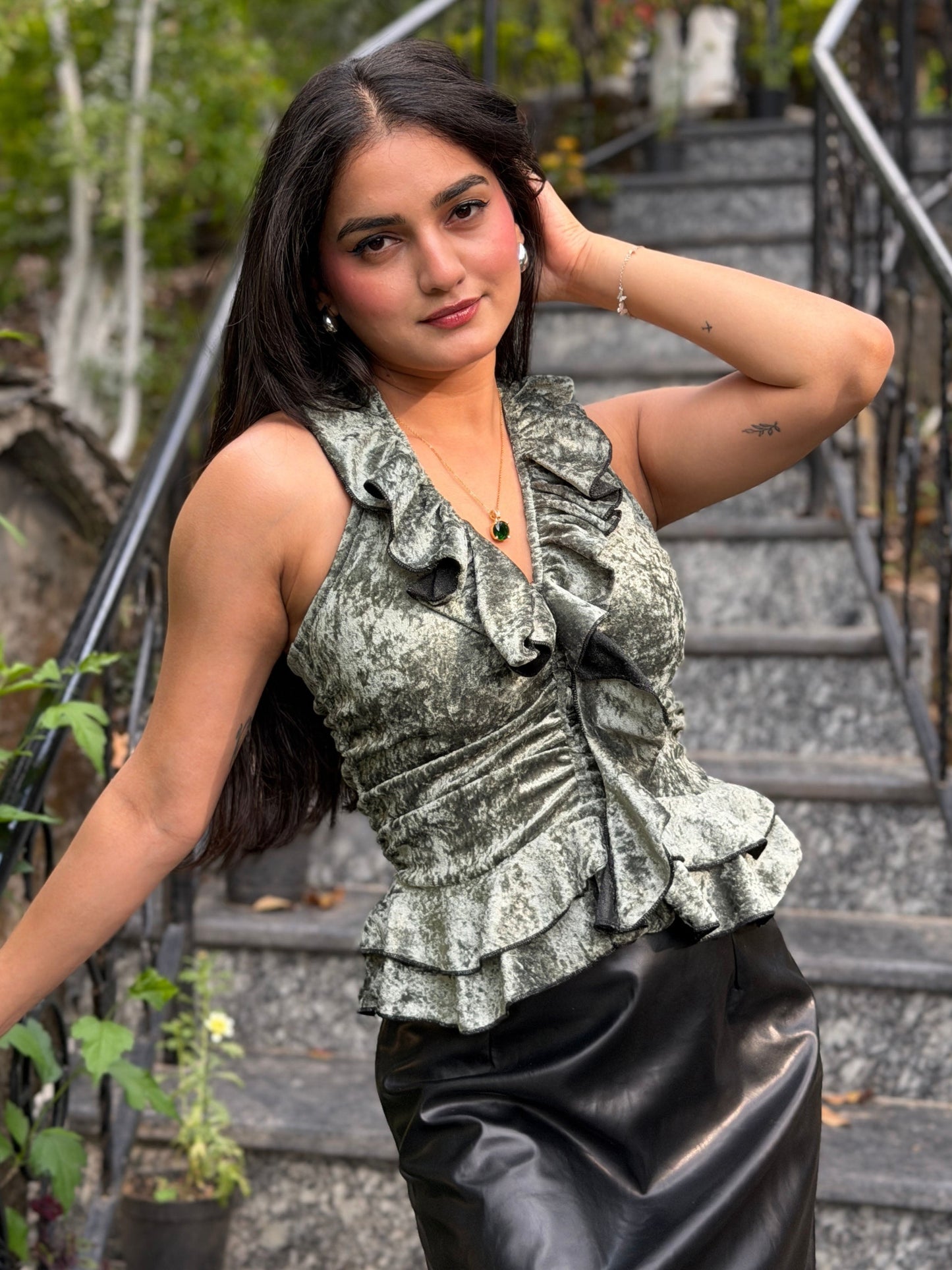 TANDUL Women Exquisite Green Velvet Top