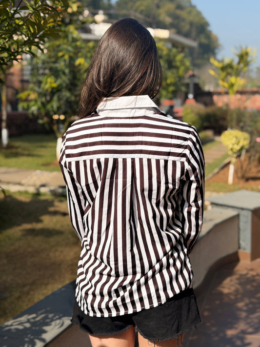 TANDUL Women Chic Black and White Striped Shirt