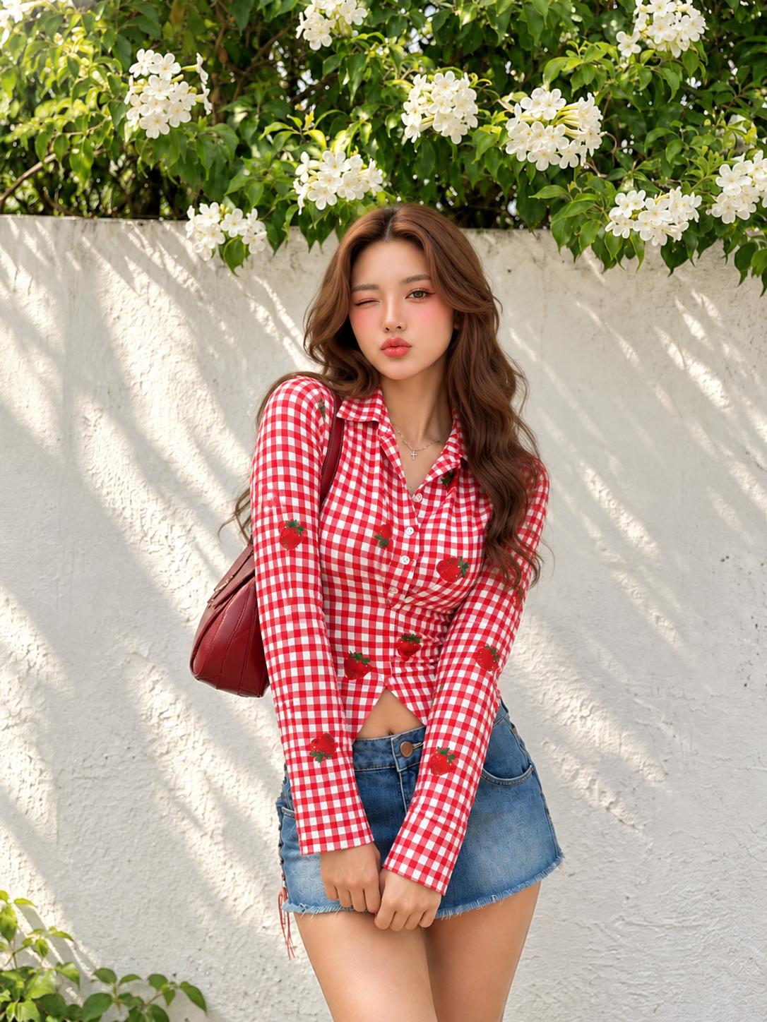 TANDUL Women Red Gingham Strawberry Print Button-Down Shirt