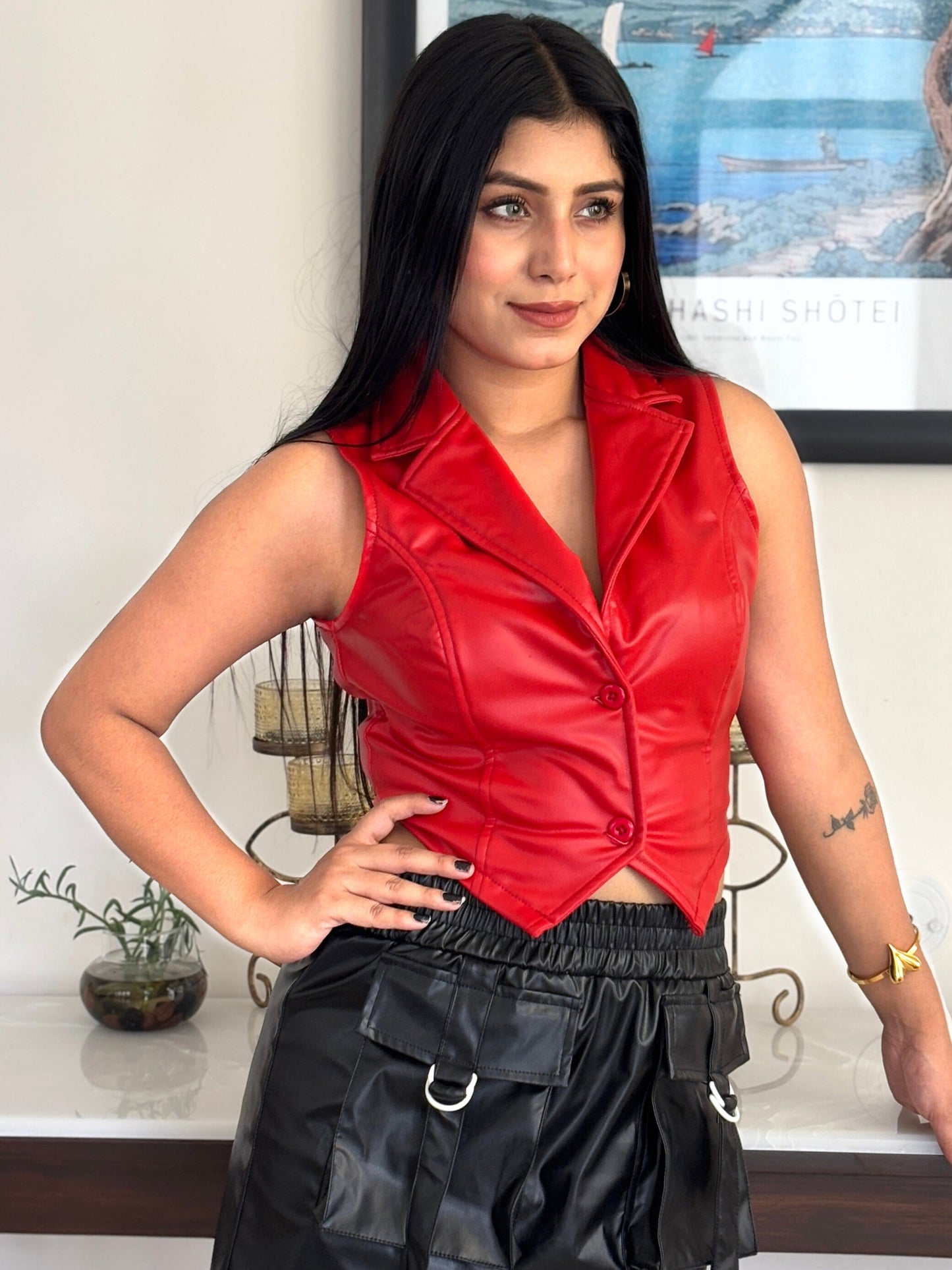 TANDUL Women Red Leather Waistcoat