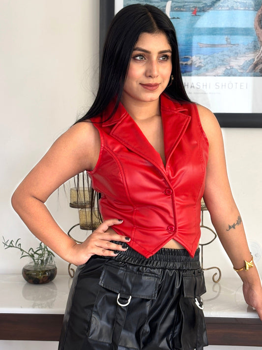 TANDUL Women Red Leather Waistcoat