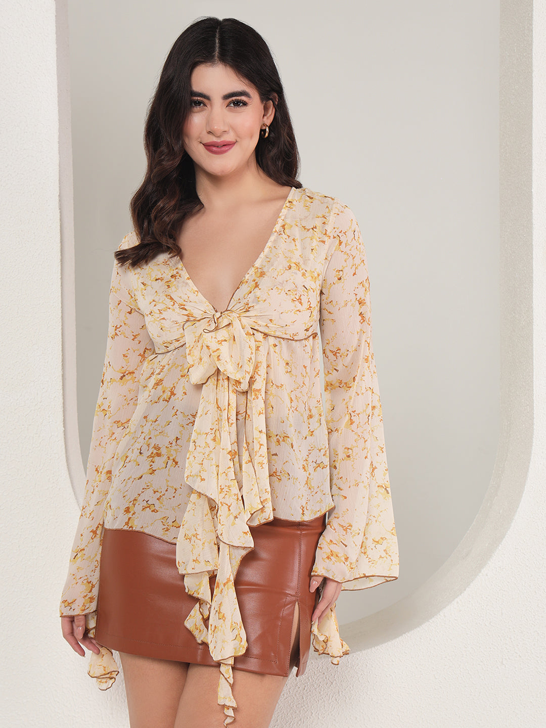 TANDUL  Casual Bell Sleeves Floral Print Women Beige Top