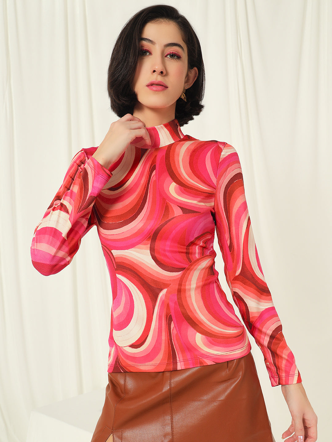 TANDUL  Women Printed High Neck Pink Sweater