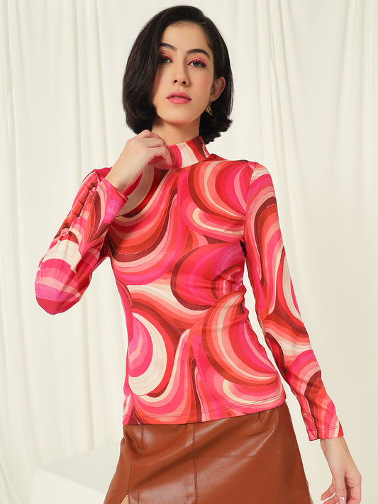 TANDUL  Women Printed High Neck Pink Sweater