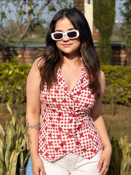 TANDUL Red and White Checkered Waistcoat