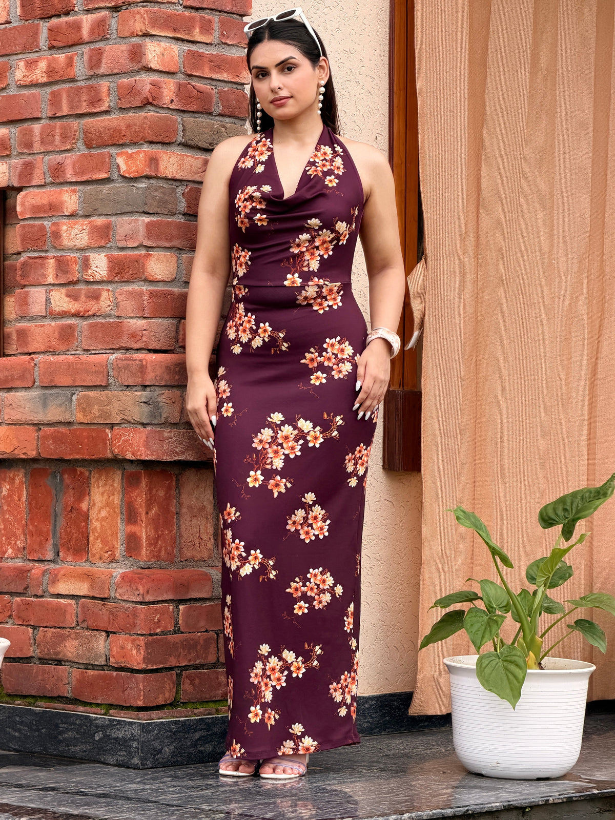 TANDUL Women Floral Halter Cowl-Neck Bodycon Maxi Dress