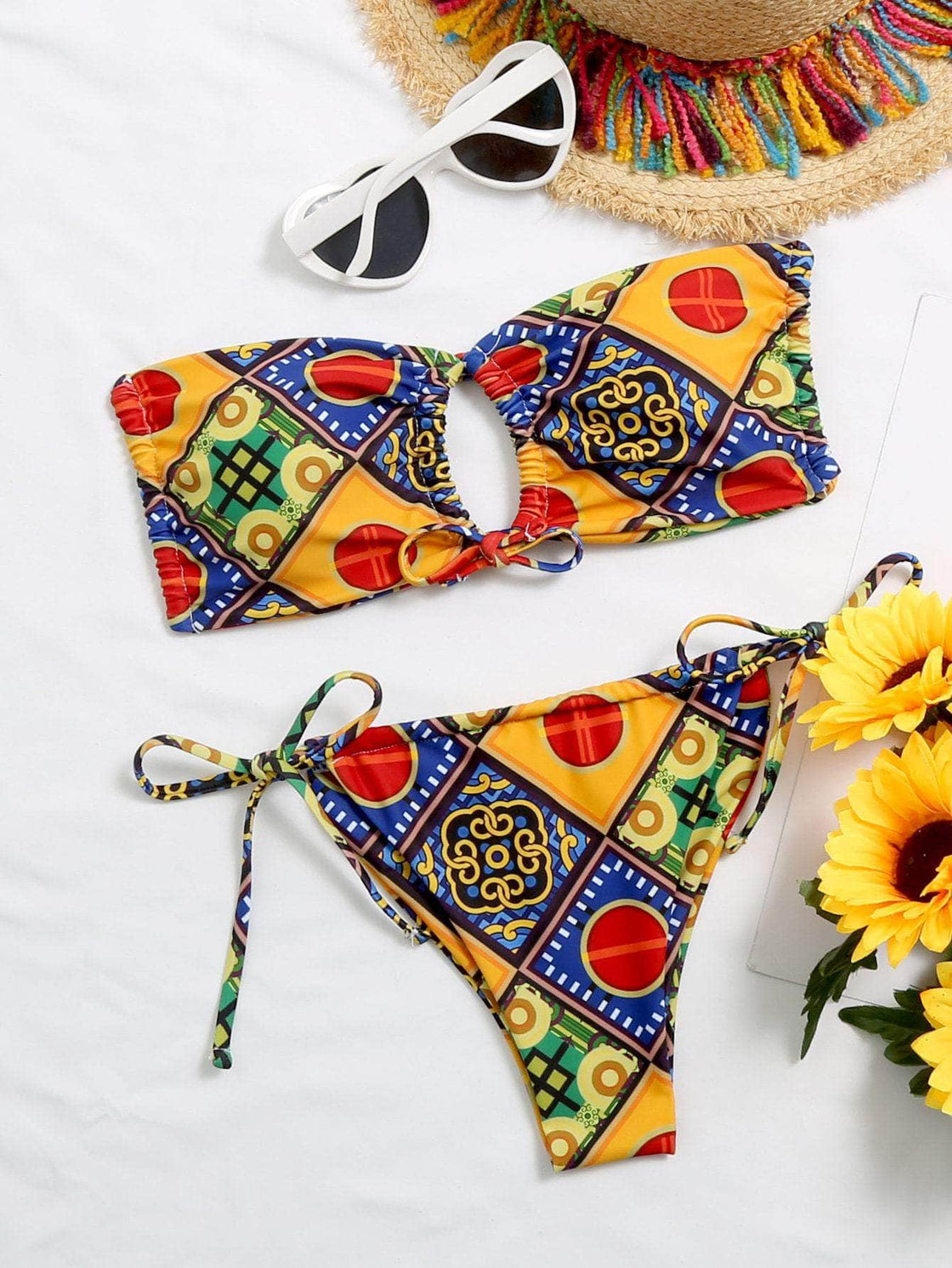 ELTIRE Multicolor Two Piece Bandeau Self Tie Bikini Swimsuit