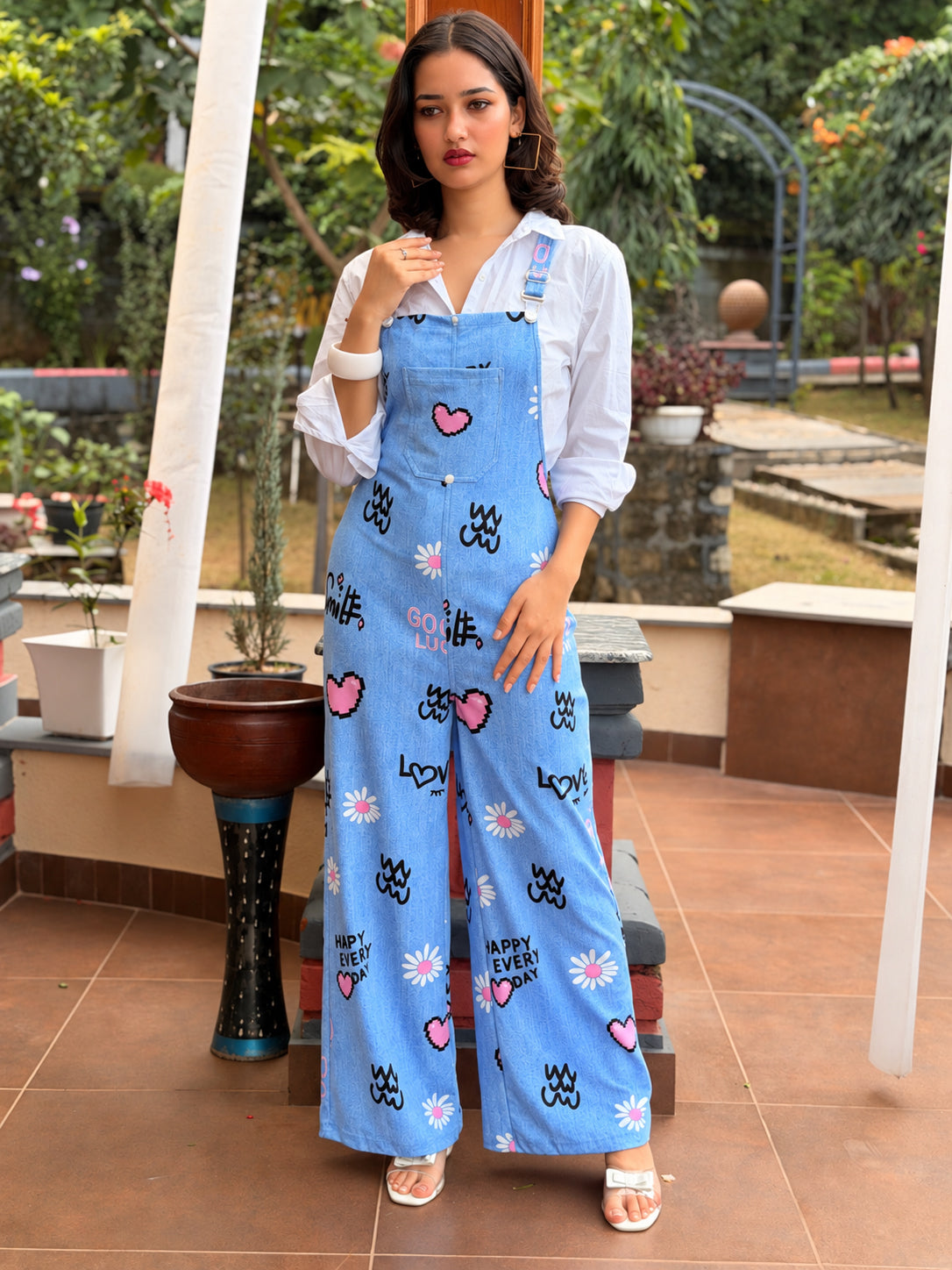 TANDUL Women's Y2K Graphic Print Denim Dungaree Jumpsuit