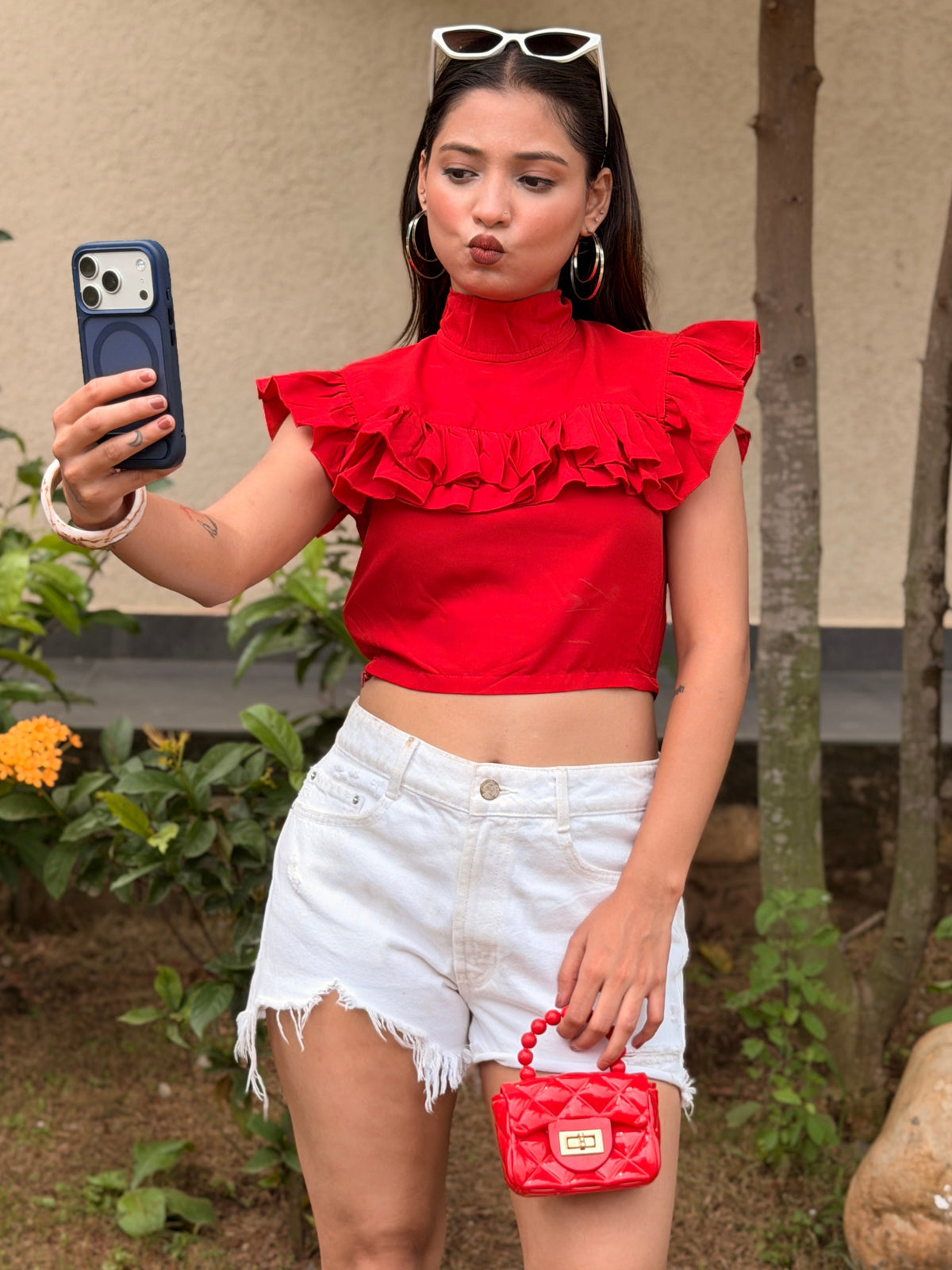 TANDUL Women Red High-Neck Ruffle Crop Top