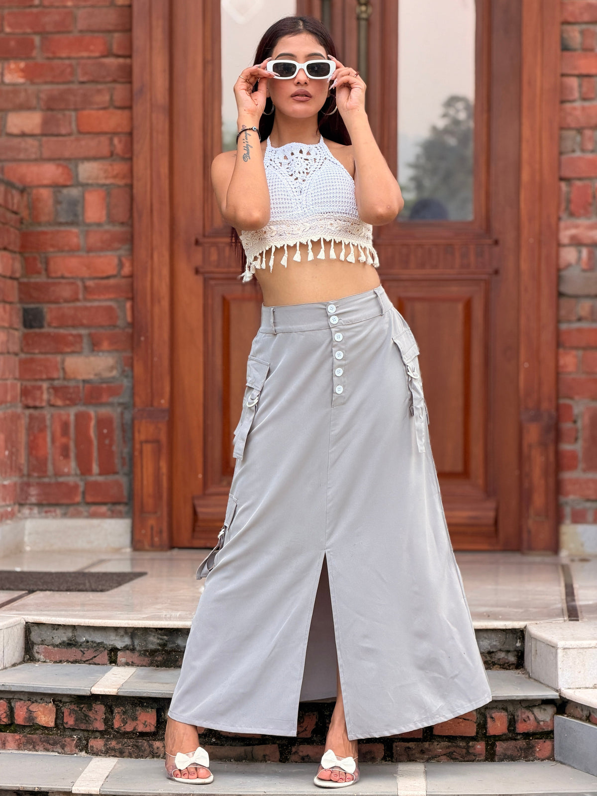 TANDUL Women High-Waisted Utility Cargo Maxi Skirt