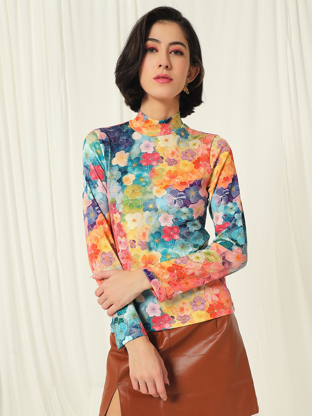 TANDUL  Women Floral Print High Neck Multicolor Sweater