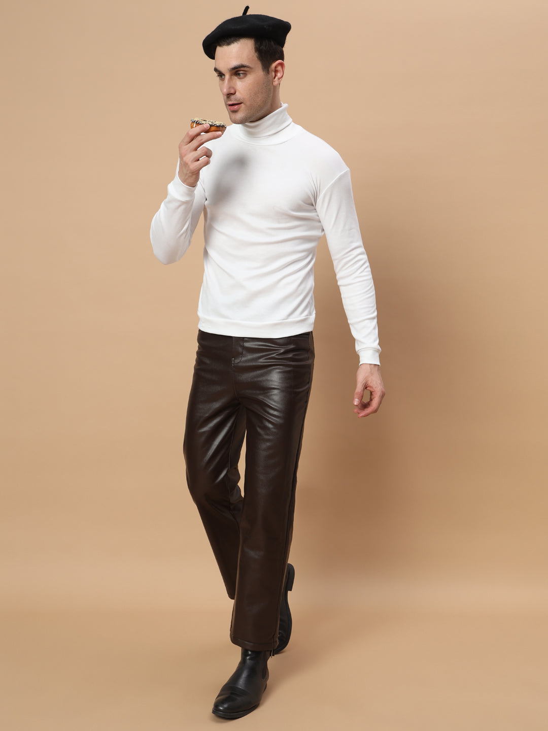 TANDUL  Men Regular Fit Brown Faux Leather Trousers