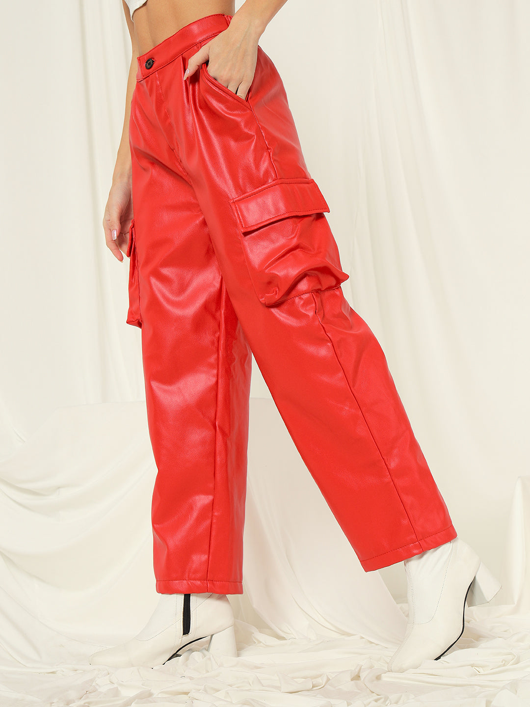 TANDUL  Women Regular Fit Red Faux Leather Trousers
