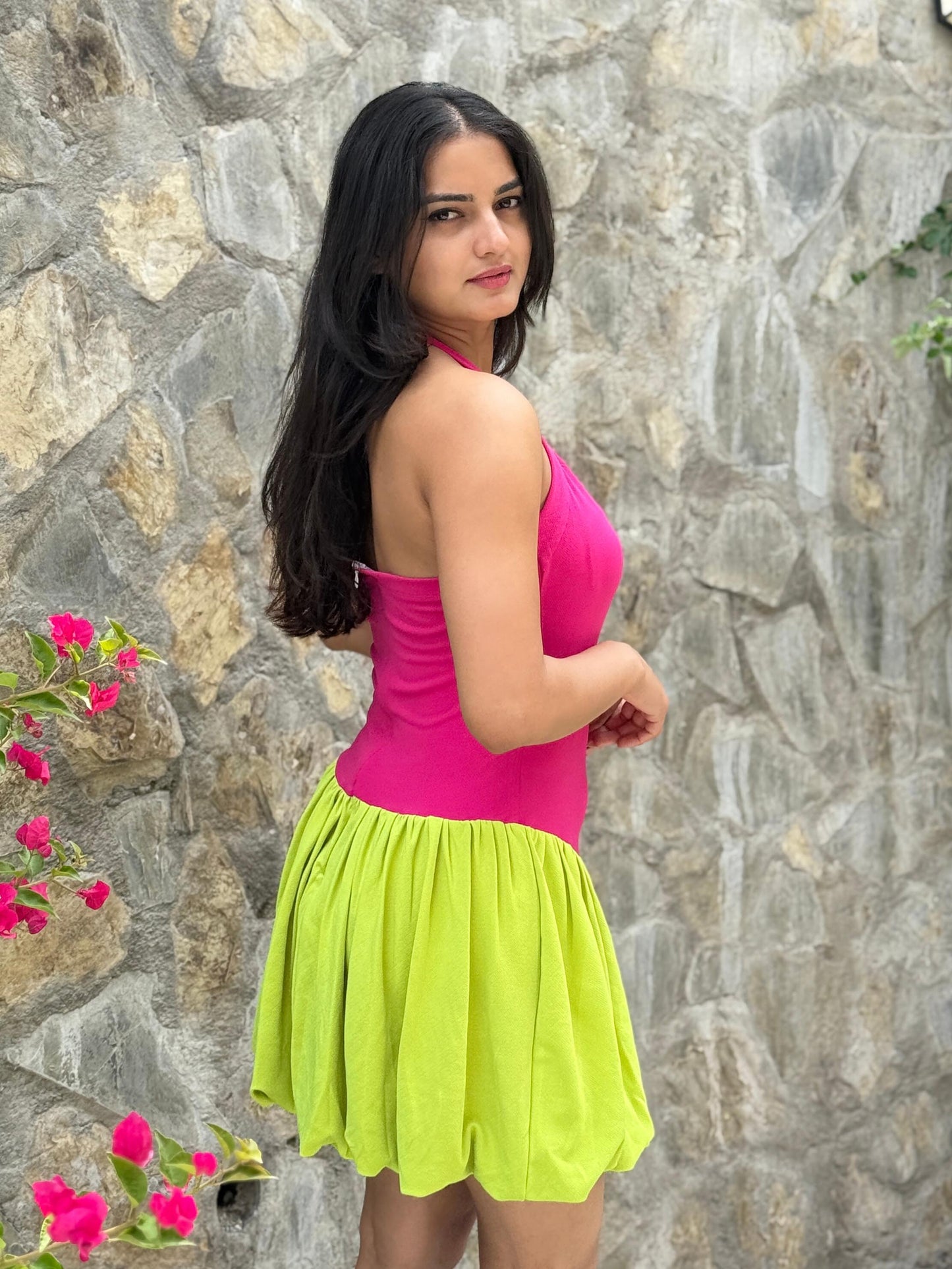 TANDUL Women Vibrant Pink and Green Balloon Dress
