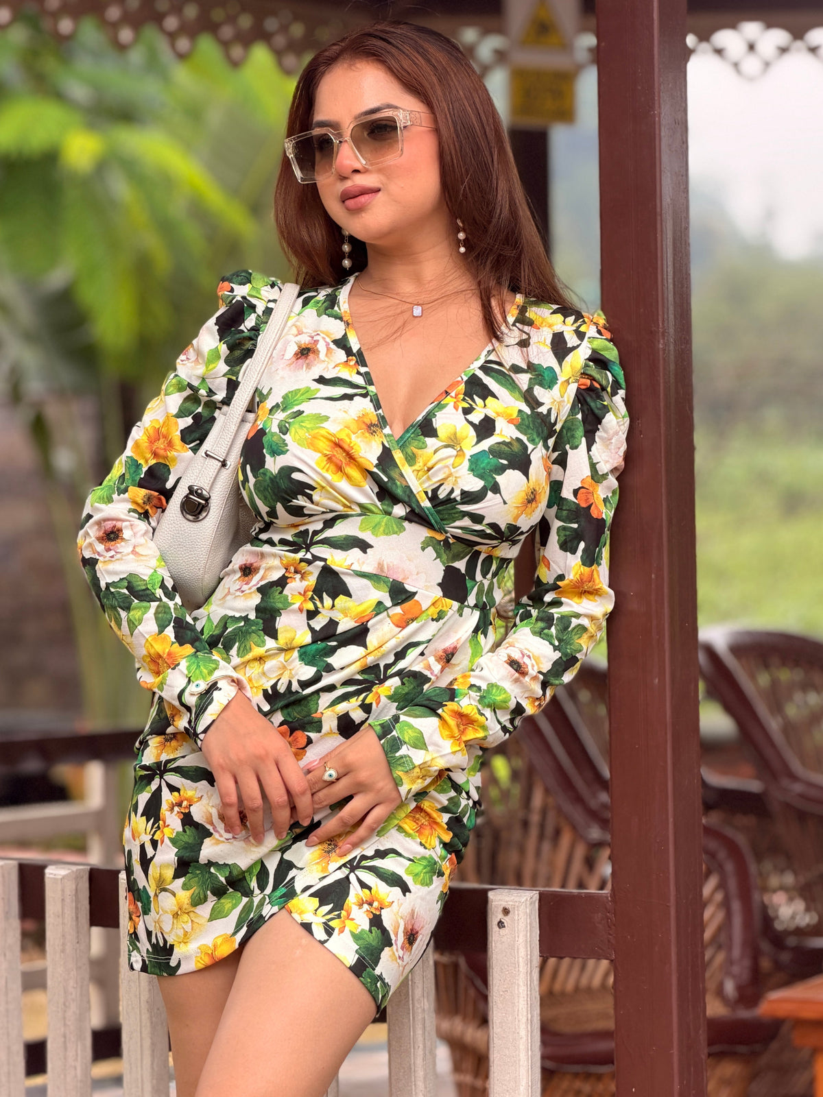 TANDUL Women Green and Yellow Floral Puff-Sleeve Mini Dress