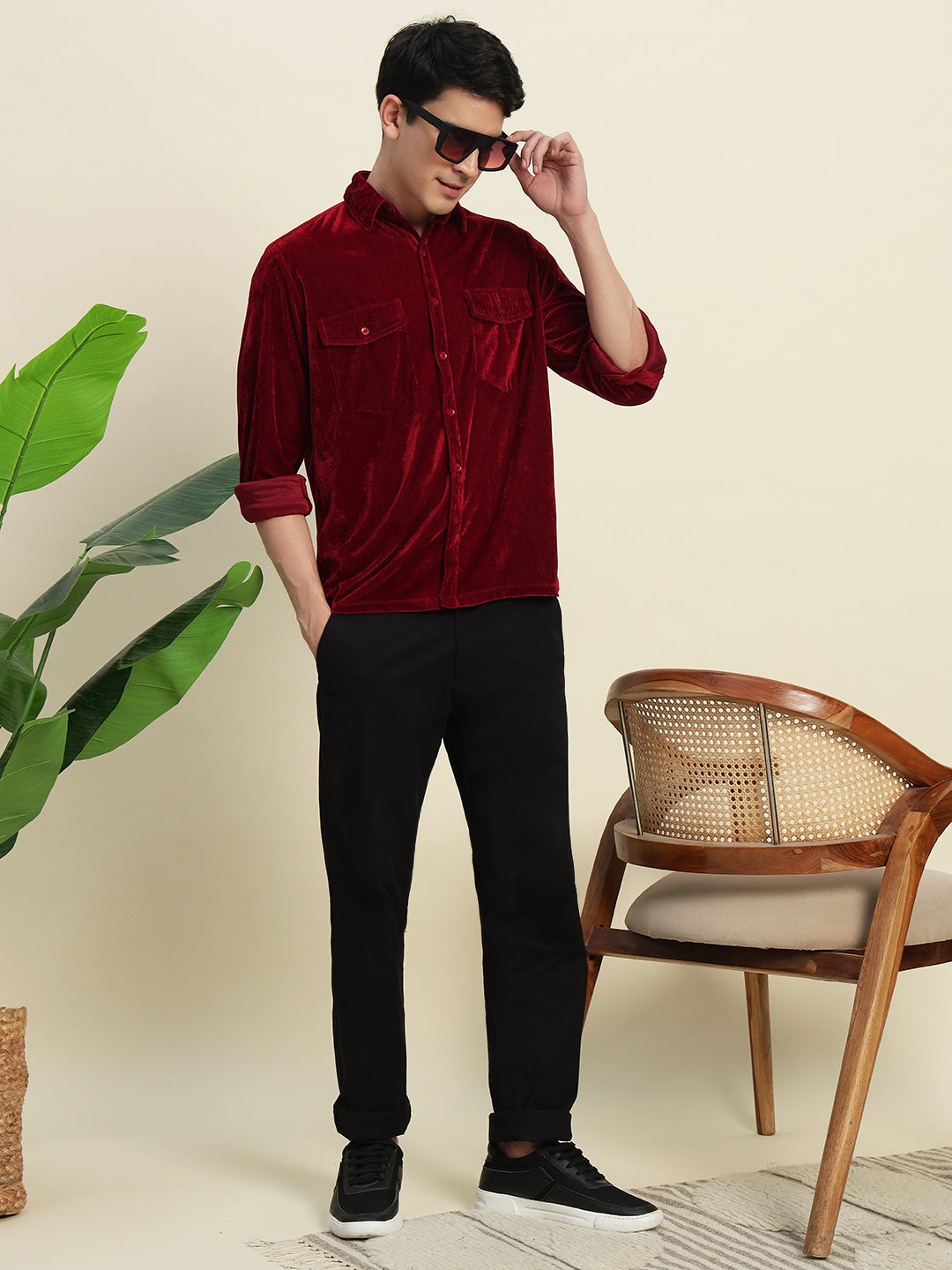 TANDUL Men's Maroon Velvet Shirt