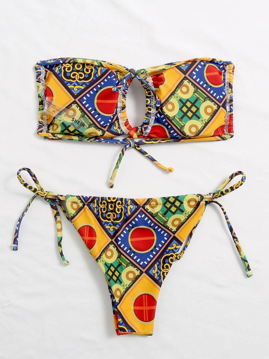 ELTIRE Multicolor Two Piece Bandeau Self Tie Bikini Swimsuit