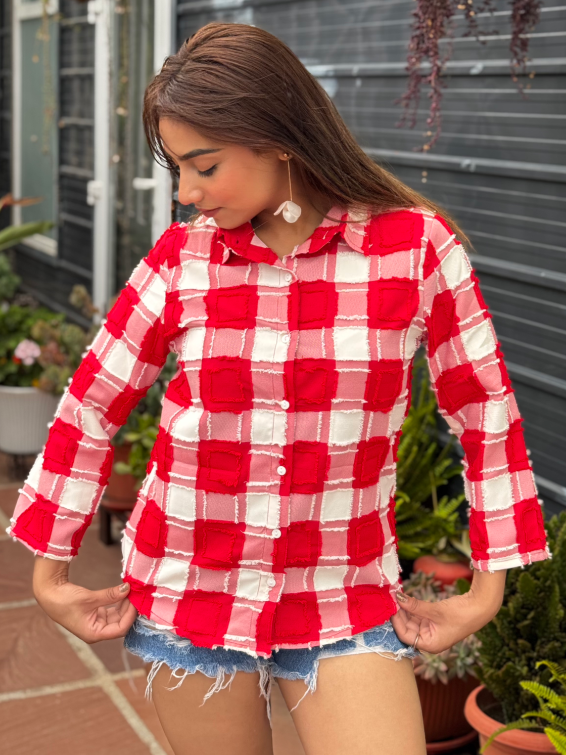 TANDUL Women Red and white Plaid Shirt