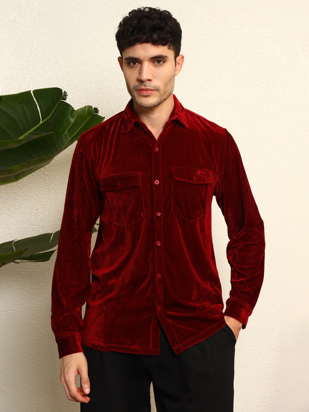 TANDUL Men's Maroon Velvet Shirt