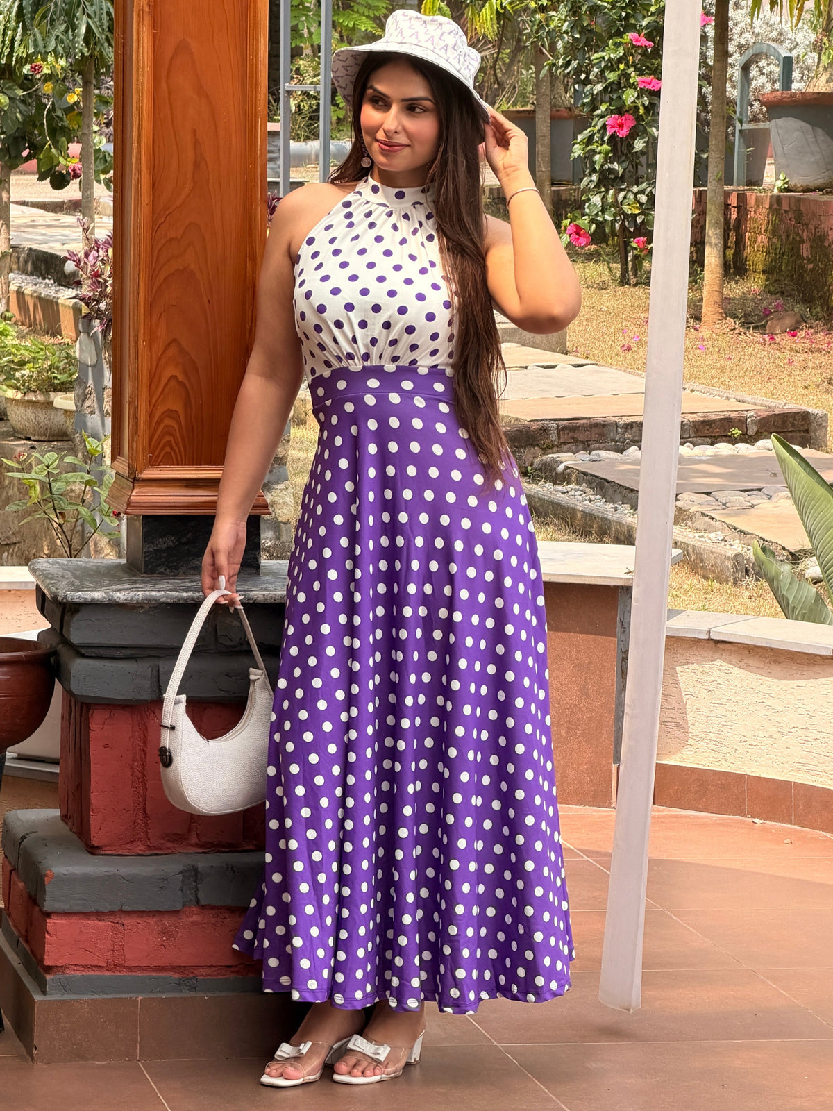 TANDUL Women Retro Purple Polka Dot High-Neck Halter Dress