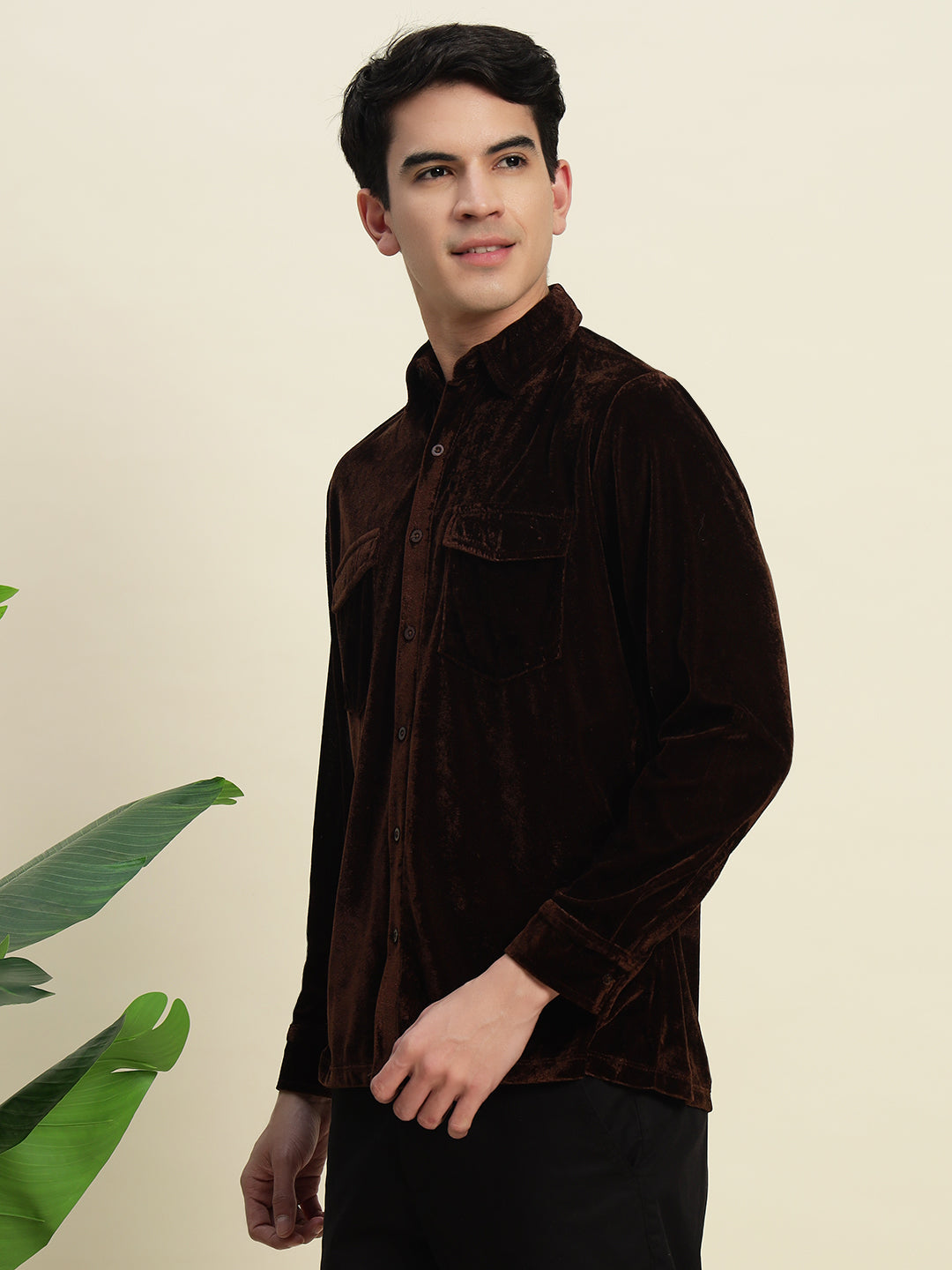 TANDUL Men's Brown Velvet Shirt